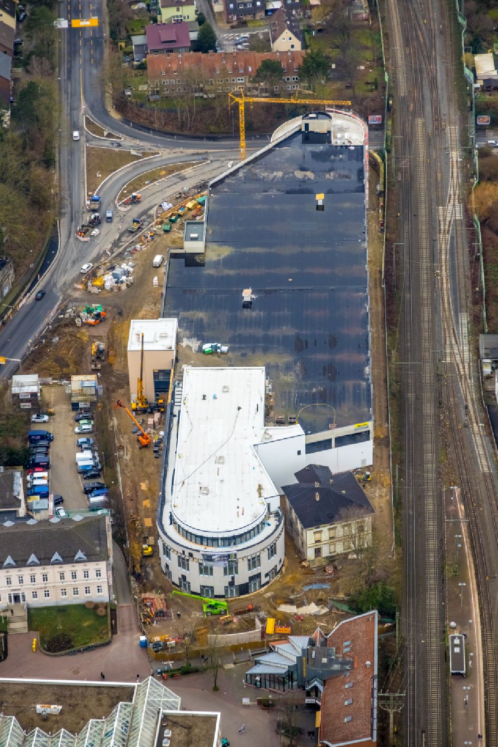 Unna from above - New construction of the building complex of the shopping center on Bahnhofstrasse - Kantstrasse in the district Alte Heide in Unna at Ruhrgebiet in the state North Rhine-Westphalia, Germany