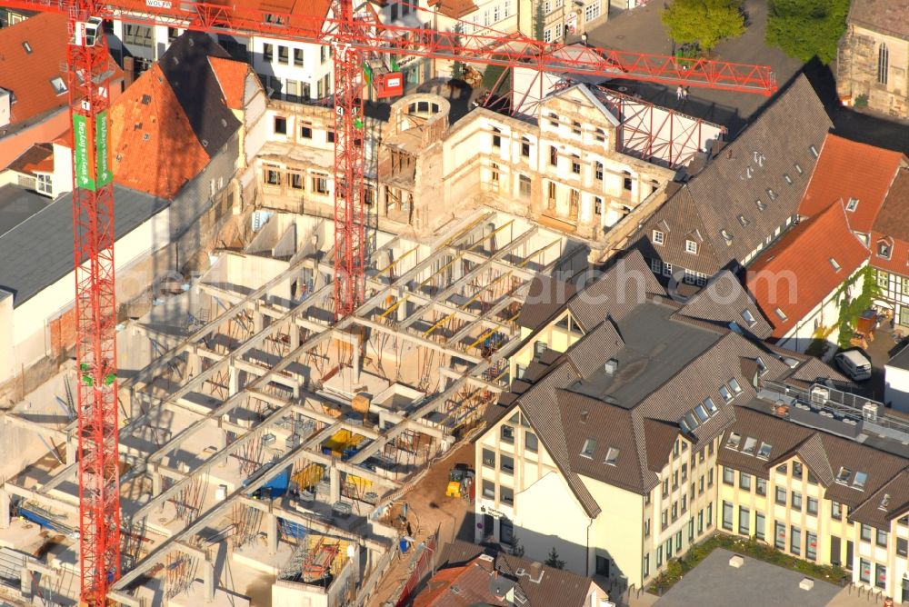 Hameln from above - New construction of the building complex of the shopping center Stadt-Galerie Hameln on Pferdemarkt in Hameln in the state Lower Saxony, Germany