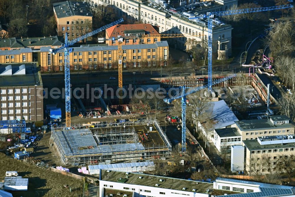 Berlin from the bird's eye view: Construction site for a new research building and an office complex for the Faculty of Mathematics at the TU Berlin on Fasanenstrasse - Mueller-Breslau-Strasse in the district Charlottenburg in Berlin, Germany