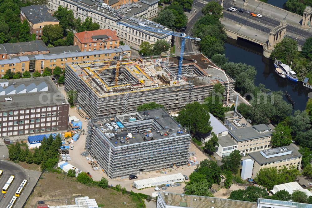 Berlin from the bird's eye view: Construction site for a new research building and an office complex for the Faculty of Mathematics at the TU Berlin on Fasanenstrasse - Mueller-Breslau-Strasse in the district Charlottenburg in Berlin, Germany