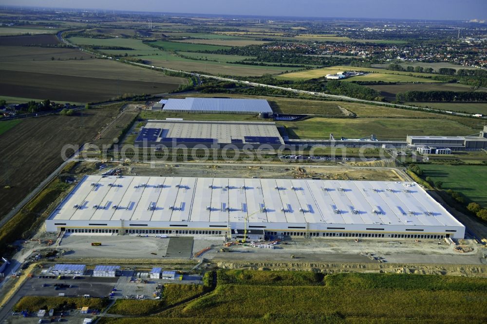 Sülzetal from above - Construction site to build a new building complex on the site of the Non-Sort logistics center AMAZON in Suelzetal in the state Saxony-Anhalt, Germany