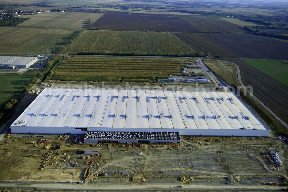 Sülzetal from the bird's eye view: Construction site to build a new building complex on the site of the Non-Sort logistics center AMAZON in Suelzetal in the state Saxony-Anhalt, Germany