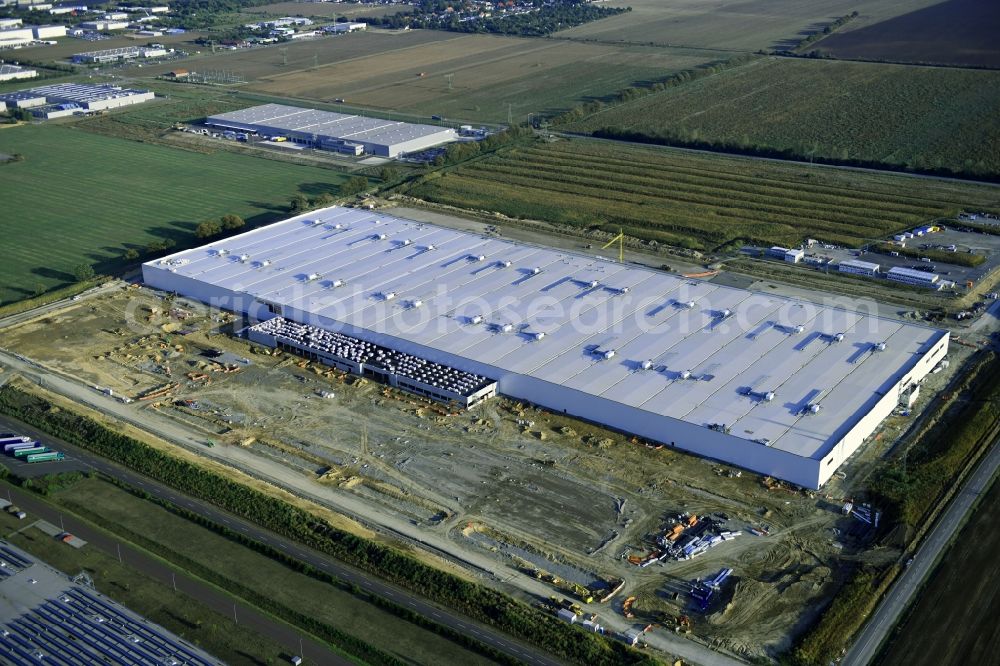 Sülzetal from above - Construction site to build a new building complex on the site of the Non-Sort logistics center AMAZON in Suelzetal in the state Saxony-Anhalt, Germany