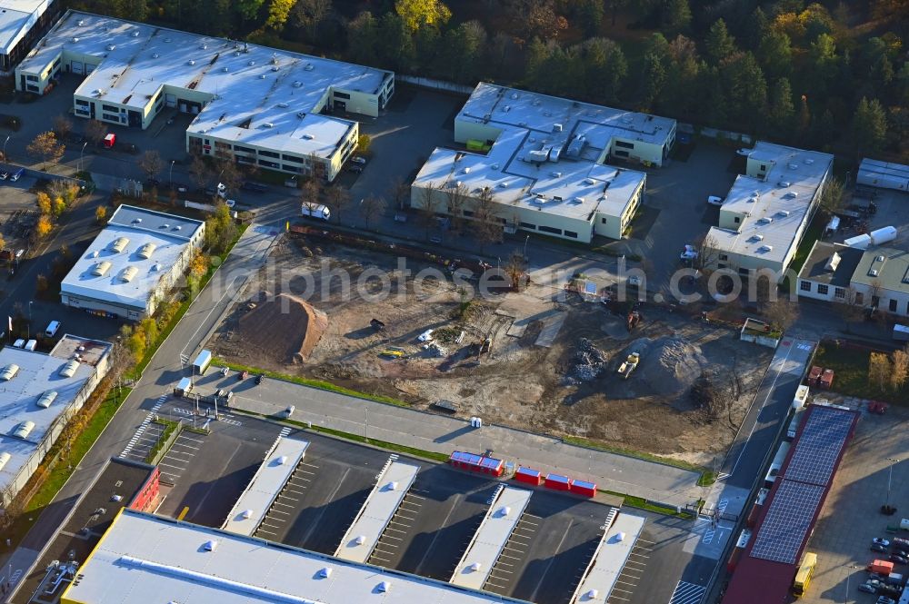 Aerial image Berlin - Construction site to build a new building complex on the site of the logistics center DHL Express Germany on Industriestrasse in the district Tempelhof in Berlin, Germany