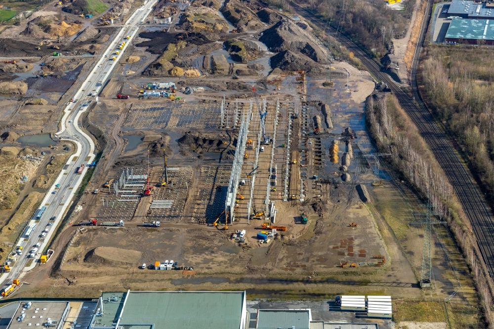 Gelsenkirchen from the bird's eye view: Construction site to build a new building complex on the site of the logistics center Febi Bilstein on Europastrasse in Gelsenkirchen in the state North Rhine-Westphalia, Germany