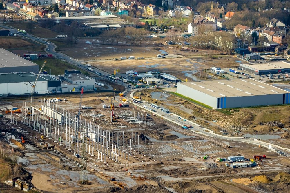 Gelsenkirchen from above - Construction site to build a new building complex on the site of the logistics center Febi Bilstein on Europastrasse in Gelsenkirchen in the state North Rhine-Westphalia, Germany