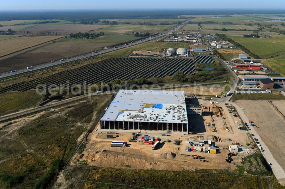 Vehlefanz from the bird's eye view: Construction site to build a new building complex on the site of the logistics center Im Gewerbepark in the district Vehlefanz in Oberkraemer in the state Brandenburg, Germany