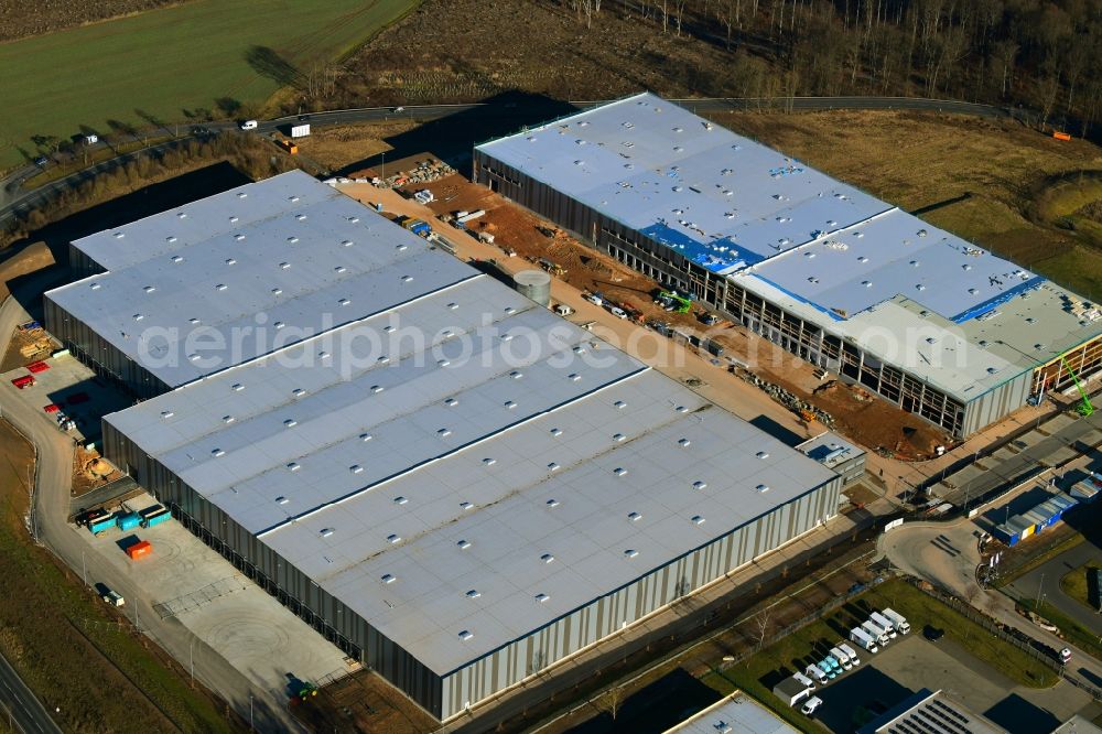Staufenberg from the bird's eye view: Construction site to build a new building complex on the site of the logistics center Vor of Hecke in Staufenberg in the state Lower Saxony, Germany