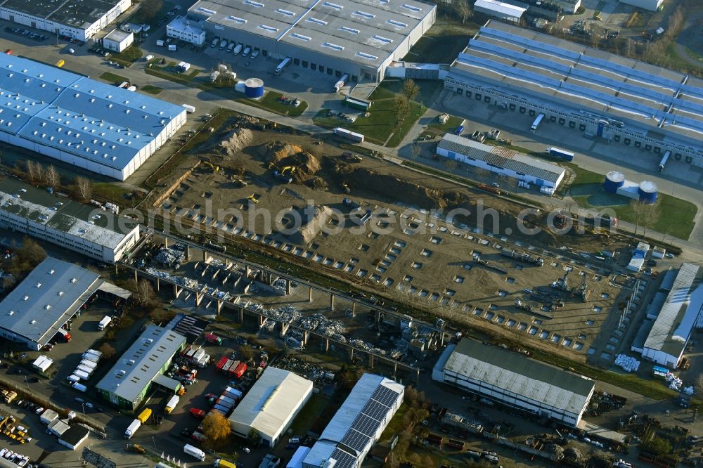 Hoppegarten from above - Construction site to build a new building complex on the site of the logistics center on Industriestrasse in Hoppegarten in the state Brandenburg, Germany