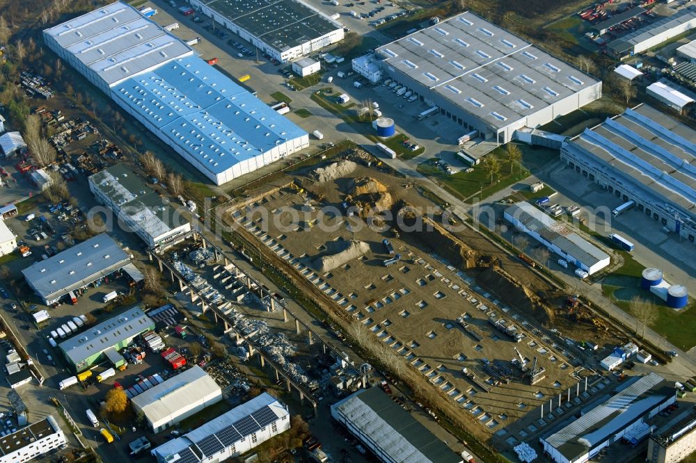 Aerial photograph Hoppegarten - Construction site to build a new building complex on the site of the logistics center on Industriestrasse in Hoppegarten in the state Brandenburg, Germany