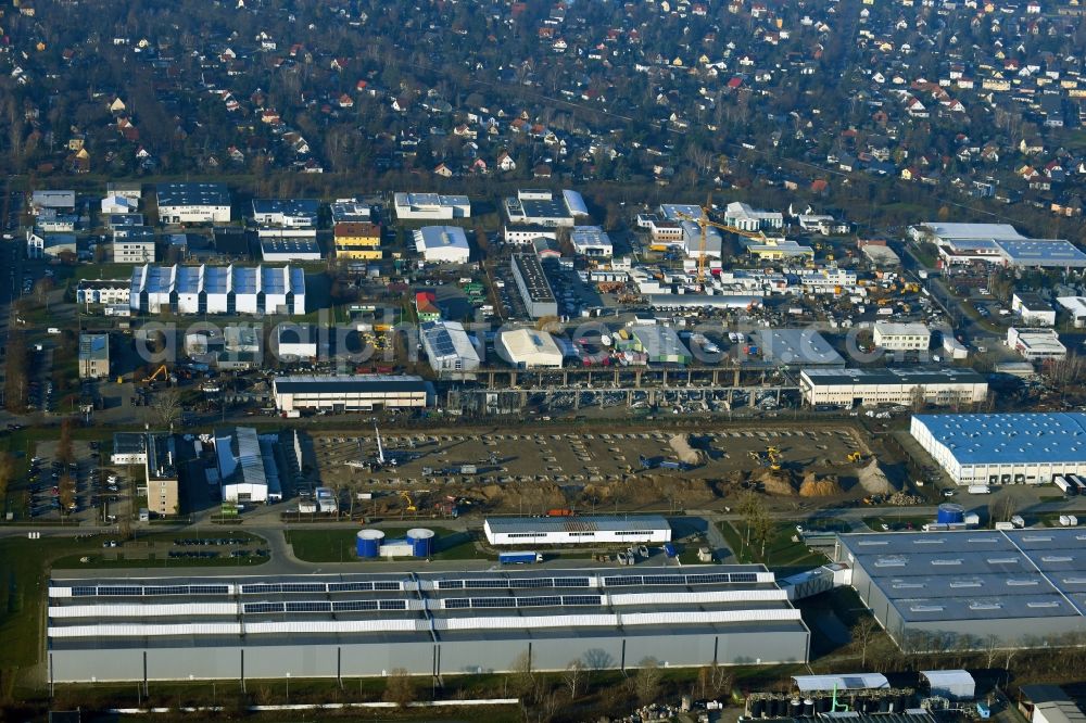 Hoppegarten from the bird's eye view: Construction site to build a new building complex on the site of the logistics center on Industriestrasse in Hoppegarten in the state Brandenburg, Germany