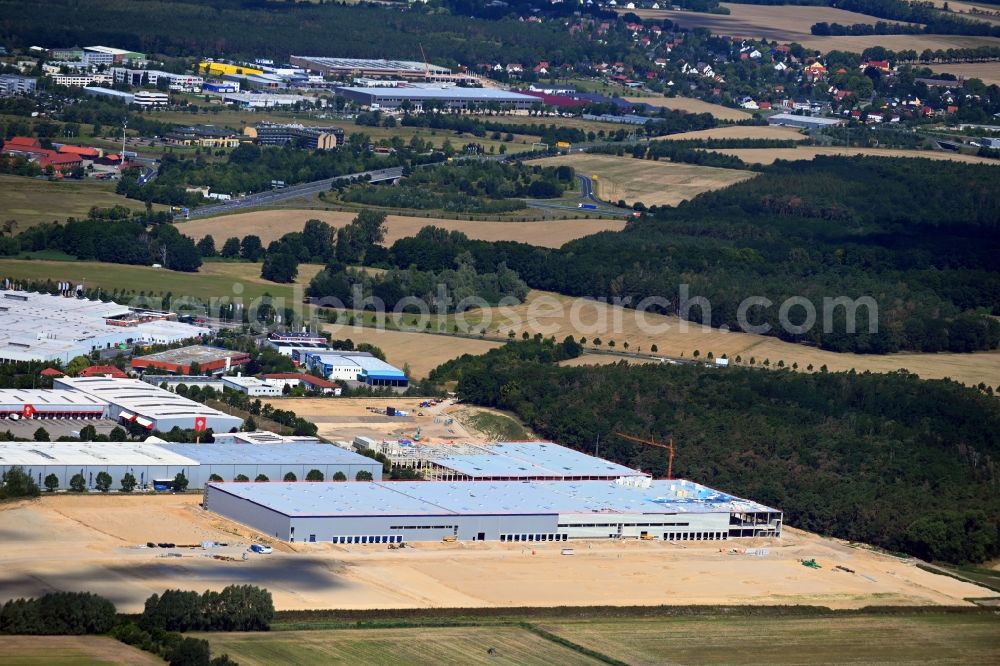Rangsdorf from the bird's eye view: Construction site to build a new building complex on the site of the logistics center in the district Gross Machnow in Rangsdorf in the state Brandenburg, Germany