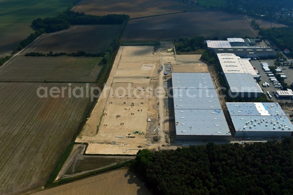 Aerial image Rangsdorf - Construction site to build a new building complex on the site of the logistics center in the district Gross Machnow in Rangsdorf in the state Brandenburg, Germany