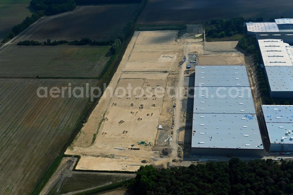 Aerial photograph Rangsdorf - Construction site to build a new building complex on the site of the logistics center in the district Gross Machnow in Rangsdorf in the state Brandenburg, Germany