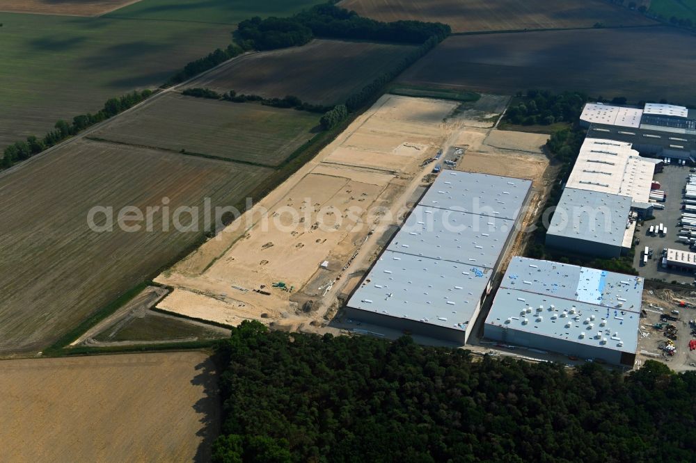 Rangsdorf from above - Construction site to build a new building complex on the site of the logistics center in the district Gross Machnow in Rangsdorf in the state Brandenburg, Germany