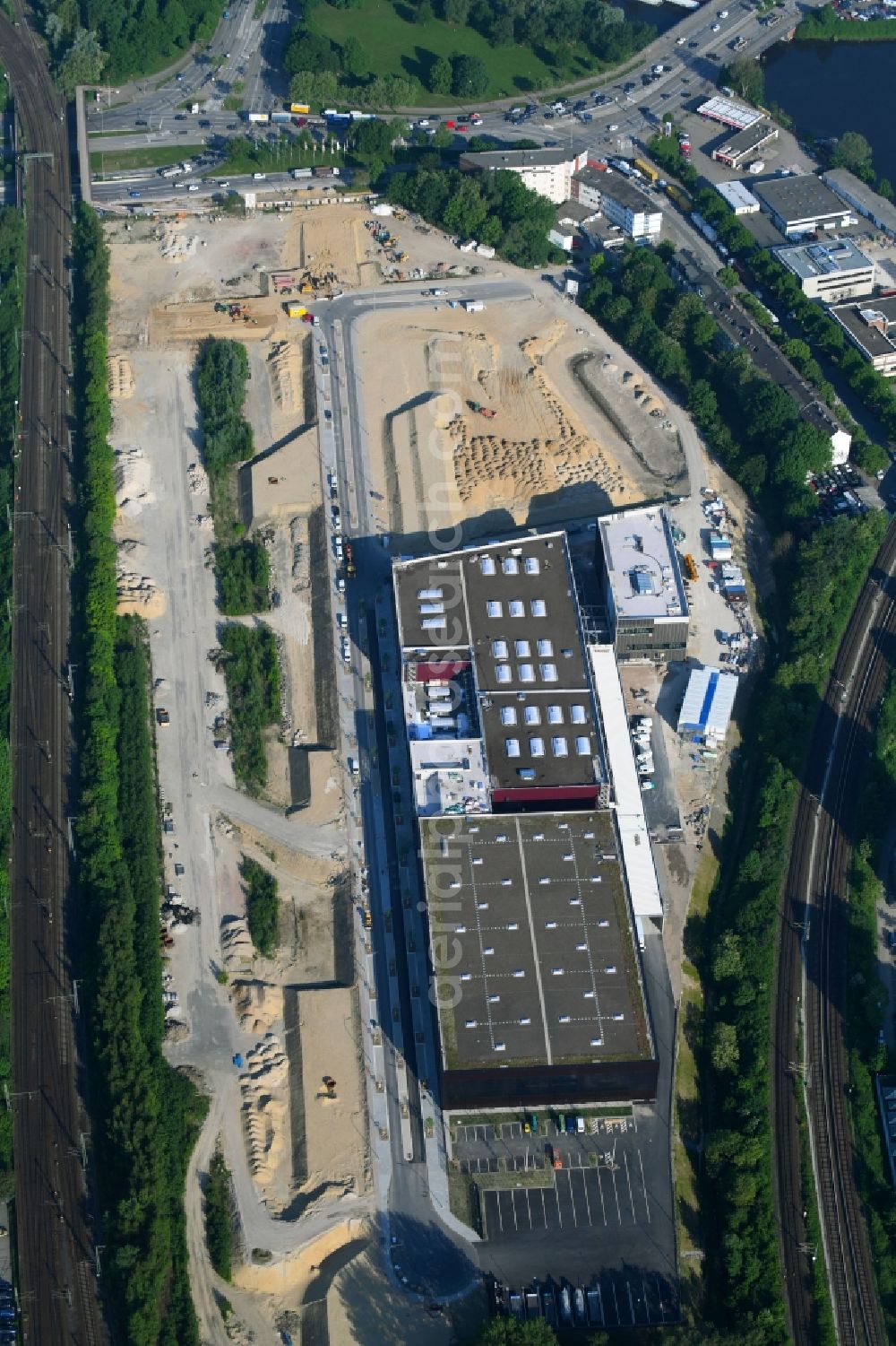 Hamburg from the bird's eye view: Construction site to build a new building complex on the site of the logistics center of Sprinkenhof AG for the Opernwerkstaetten of Staatsoper in the district Rothenburgsort in Hamburg, Germany