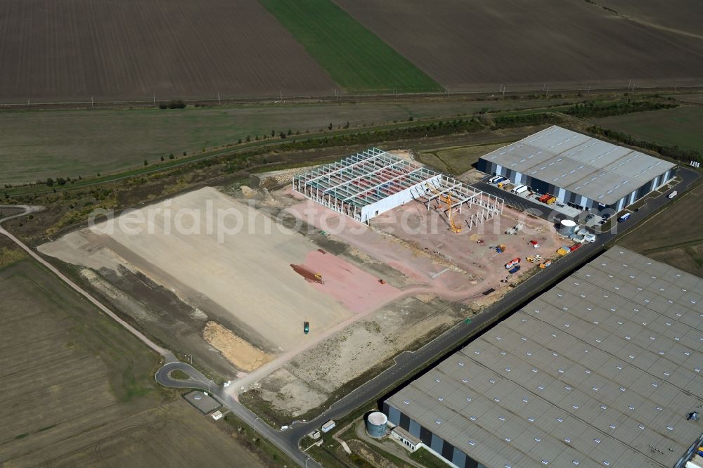 Halle (Saale) from the bird's eye view: Construction site to build a new building complex on the site of the logistics center on Wegastrasse in the district Peissen in Halle (Saale) in the state Saxony-Anhalt, Germany