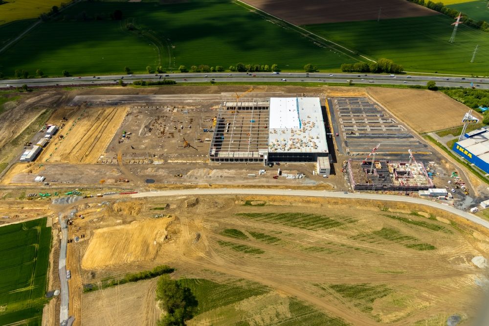 Kamen from above - Construction site to build a new building complex on the site of the logistics center of Woolworth GmbH in the district Alte Colonie in Kamen in the state North Rhine-Westphalia, Germany