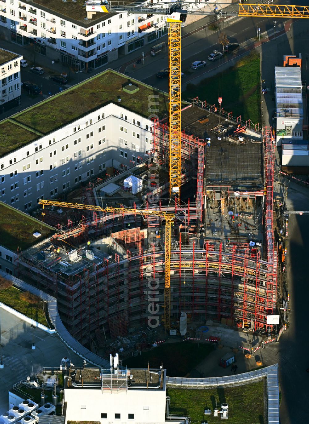 Berlin from above - Construction of a building complex of university Alice Salomon Hochschule Berlin on Kokoschkaplatz on street Lyonel-Feininger-Strasse in the district Hellersdorf in Berlin, Germany