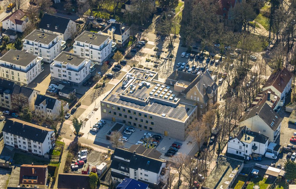 Holzwickede from above - Construction site of Town Hall building of the city administration als Erweiterungsbau Am Markt - Poststrasse in the district Brackel in Holzwickede in the state North Rhine-Westphalia, Germany