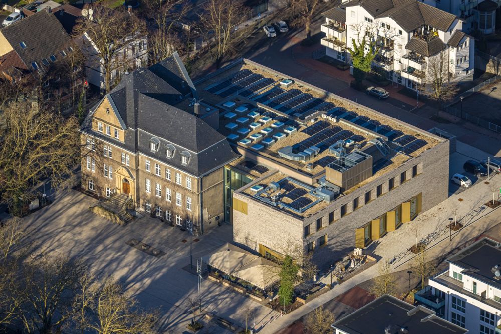 Aerial image Holzwickede - Construction site of Town Hall building of the city administration als Erweiterungsbau Am Markt - Poststrasse in the district Brackel in Holzwickede in the state North Rhine-Westphalia, Germany
