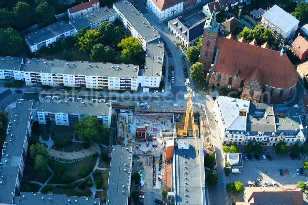 Bernau from the bird's eye view: Construction site of Town Hall building of the city administration Gruenstrasse corner Buergermeisterstrasse in Bernau in the state Brandenburg, Germany