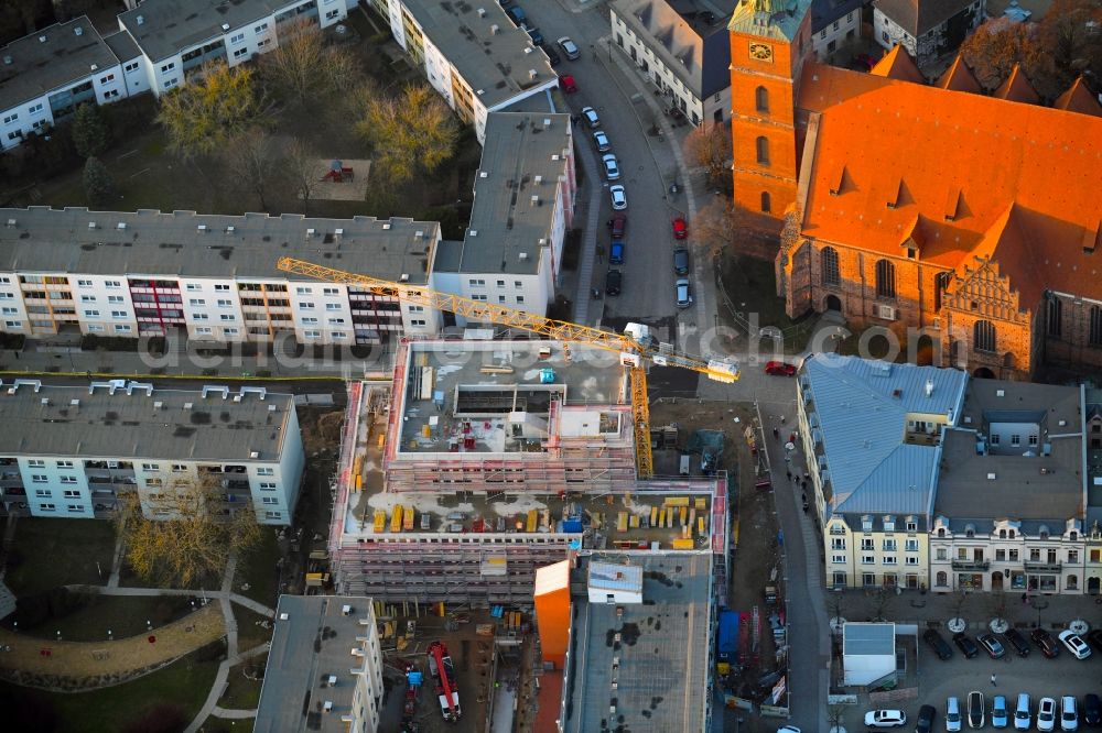 Aerial image Bernau - Construction site of Town Hall building of the city administration Gruenstrasse corner Buergermeisterstrasse in Bernau in the state Brandenburg, Germany