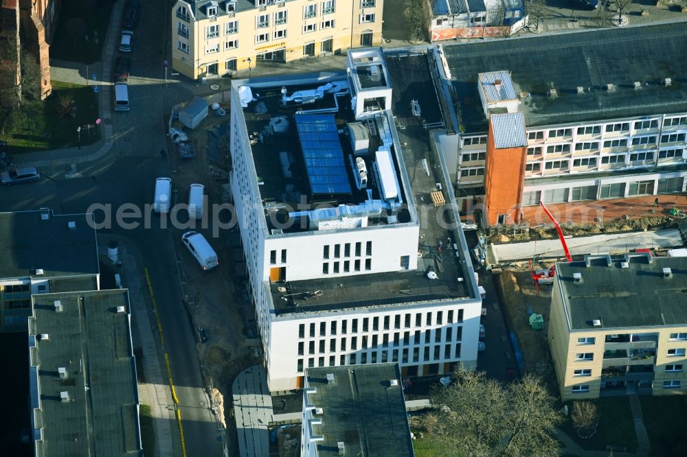 Aerial photograph Bernau - Construction site of Town Hall building of the city administration Gruenstrasse corner Buergermeisterstrasse in Bernau in the state Brandenburg, Germany