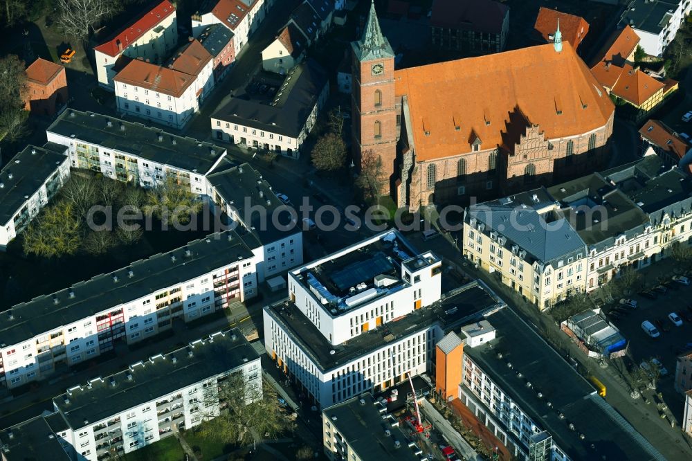 Aerial image Bernau - Construction site of Town Hall building of the city administration Gruenstrasse corner Buergermeisterstrasse in Bernau in the state Brandenburg, Germany
