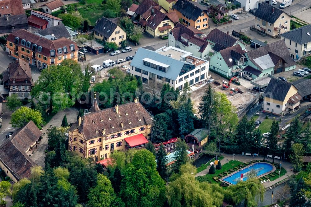 Aerial photograph Rust - Construction site of Town Hall building of the city administration with dem Schloss in Vordergrund (Europa-Park) in Rust in the state Baden-Wurttemberg, Germany