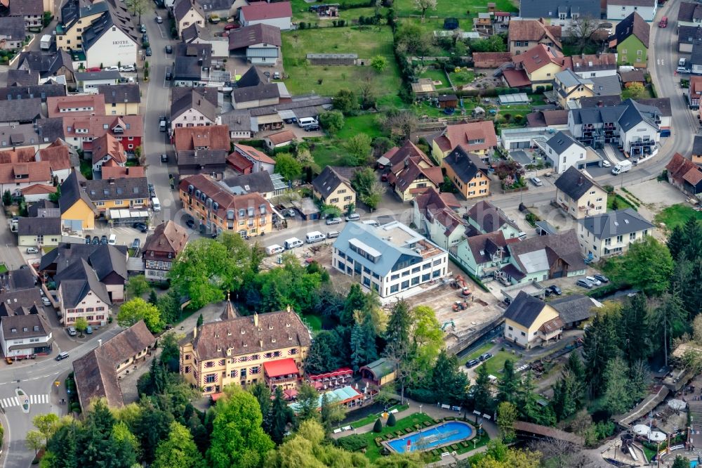 Aerial image Rust - Construction site of Town Hall building of the city administration with dem Schloss in Vordergrund (Europa-Park) in Rust in the state Baden-Wurttemberg, Germany