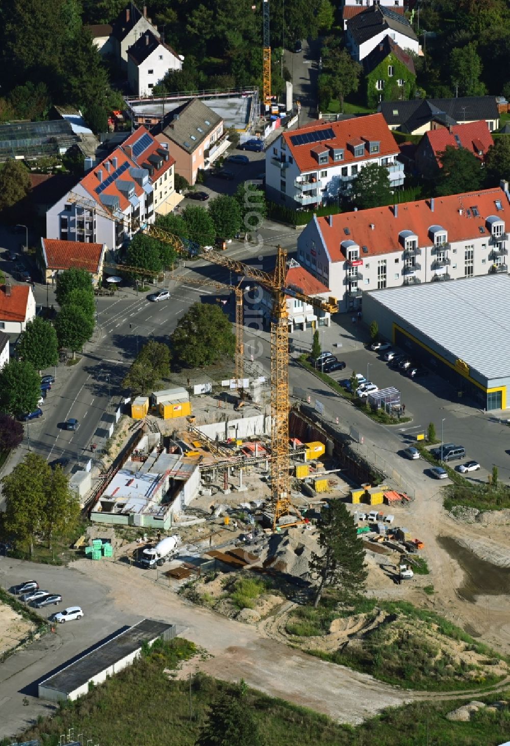 Aerial photograph Neusäß - Construction site for a health center and medical center on Hauptstrasse in Neusaess in the state Bavaria, Germany