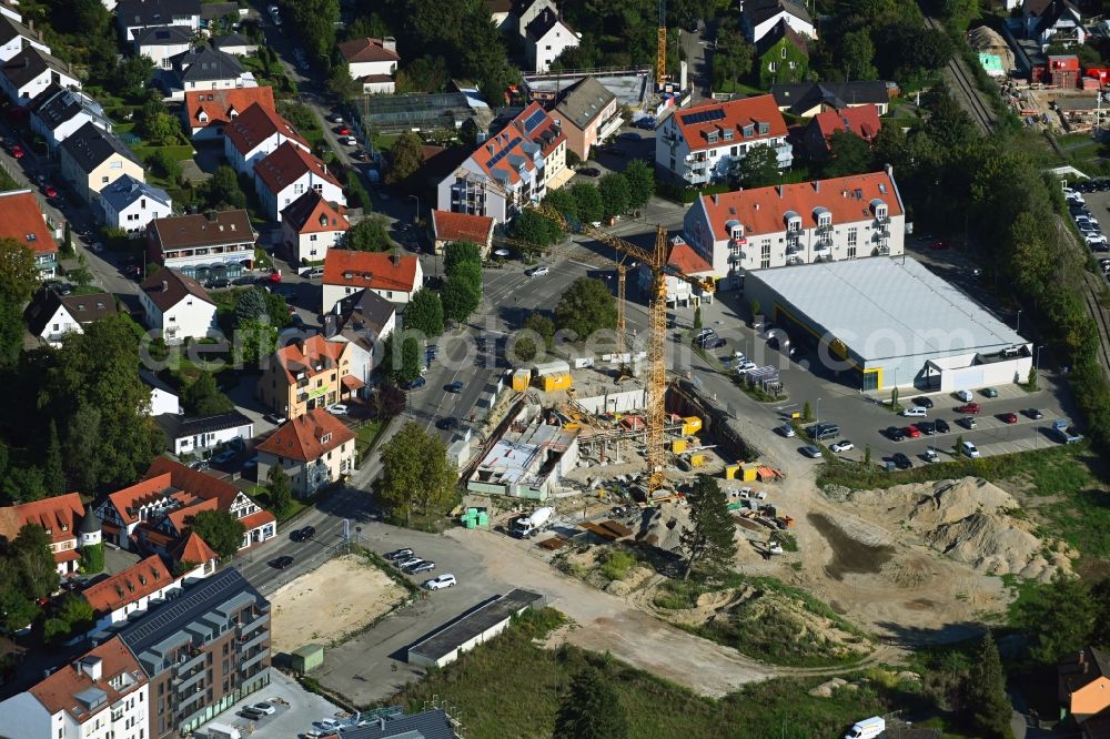 Neusäß from above - Construction site for a health center and medical center on Hauptstrasse in Neusaess in the state Bavaria, Germany