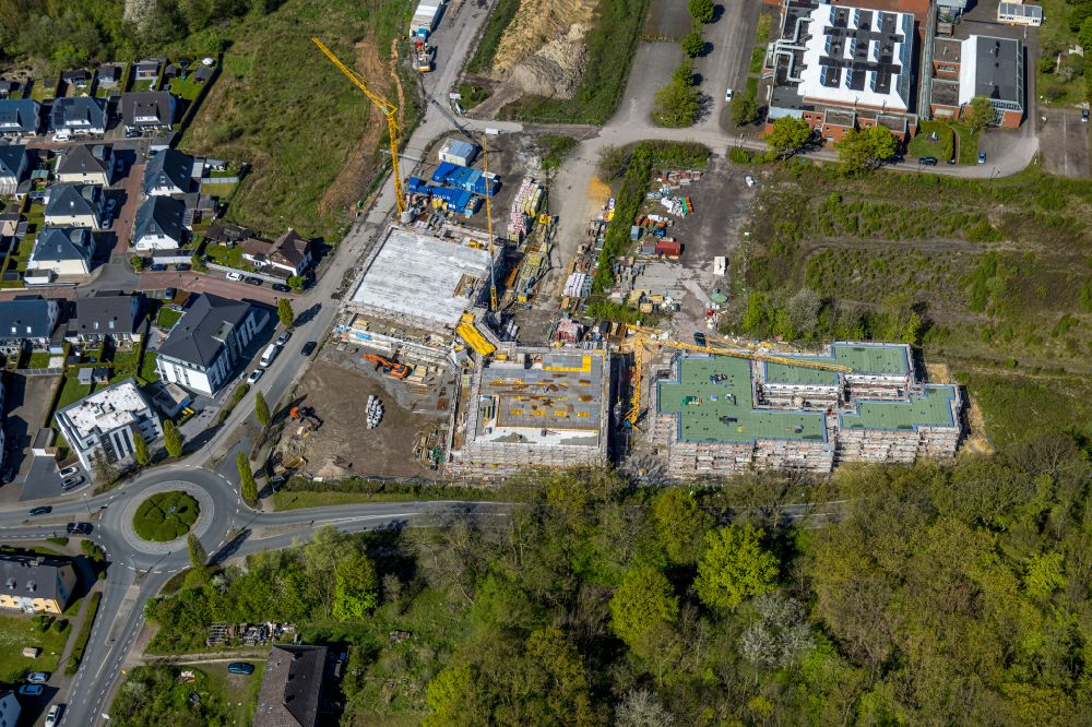 Bergkamen from above - Construction site to build a new health center and medical center and house for assisted living on the site of the wohnvoll village on the street Kleiweg in the district of Weddinghofen in Bergkamen in the Ruhr area in the state of North Rhine-Westphalia, Germany