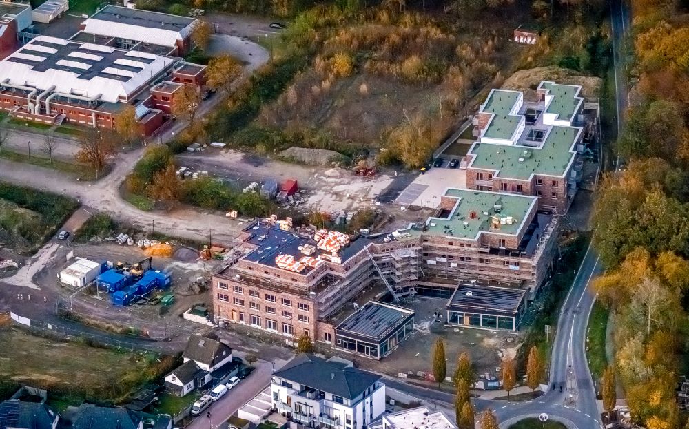 Aerial image Bergkamen - Construction site to build a new health center and medical center and house for assisted living on the site of the wohnvoll village on the street Kleiweg in the district of Weddinghofen in Bergkamen in the Ruhr area in the state of North Rhine-Westphalia, Germany