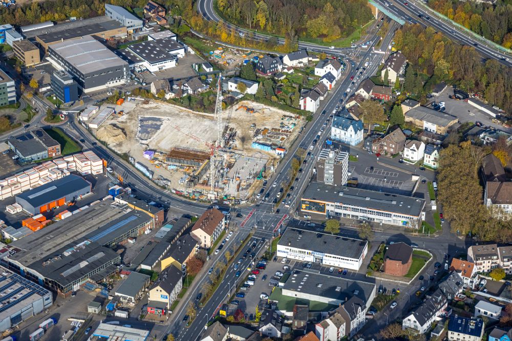 Aerial photograph Bochum - Construction site for a health center and medical center - Medizin-Zentrum on street Rensingstrasse Ecke Herner Strasse in the district Riemke in Bochum at Ruhrgebiet in the state North Rhine-Westphalia, Germany
