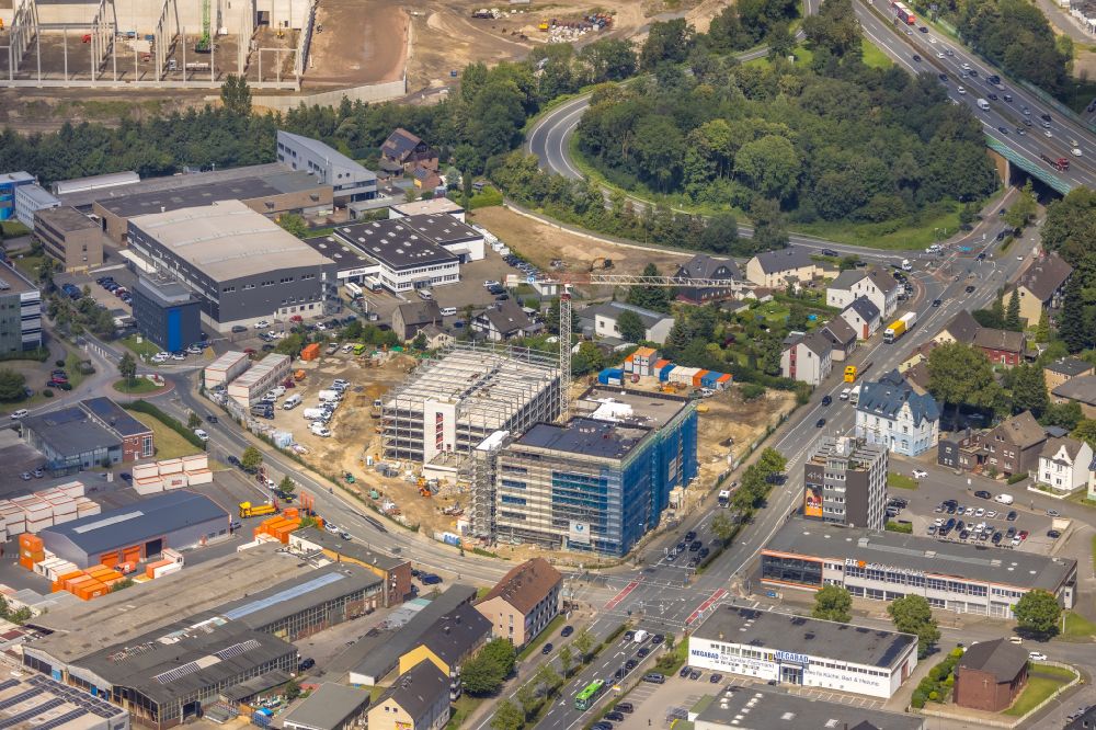 Aerial image Bochum - Construction site for a health center and medical center - Medizin-Zentrum on street Rensingstrasse Ecke Herner Strasse in the district Riemke in Bochum at Ruhrgebiet in the state North Rhine-Westphalia, Germany