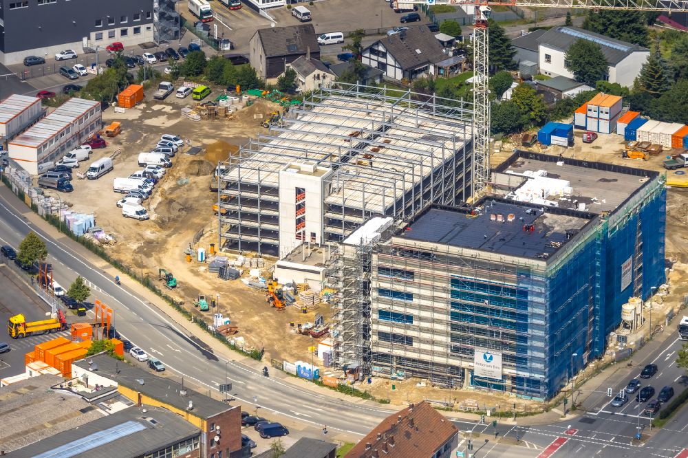 Aerial photograph Bochum - Construction site for a health center and medical center - Medizin-Zentrum on street Rensingstrasse Ecke Herner Strasse in the district Riemke in Bochum at Ruhrgebiet in the state North Rhine-Westphalia, Germany
