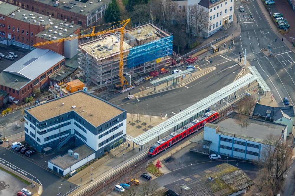Aerial photograph Lüdenscheid - Construction site for a health center and medical center Pergamon- Zentrum on Bahnhofsallee in Luedenscheid in the state North Rhine-Westphalia, Germany