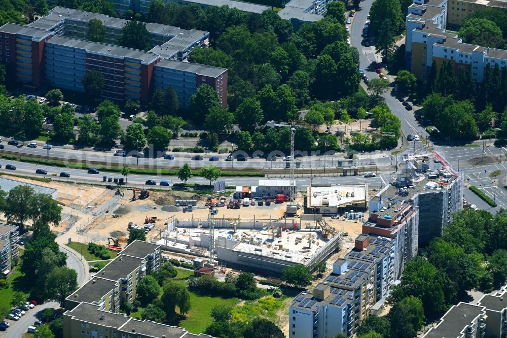 Braunschweig from the bird's eye view: Construction site for a health center and medical center and supermarket on the corner of Elbestrasse and Rheinring in the district Weststadt in Brunswick in the state Lower Saxony, Germany