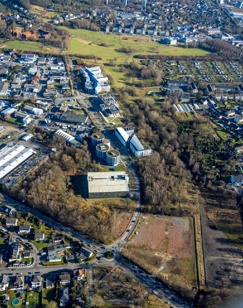 Aerial image Wullen - Construction site for the new construction of a health center and medical center on Pferdebachstrasse - Alfred-Herrhausen-Strasse in Wullen in the Ruhr area in the state of North Rhine-Westphalia, Germany