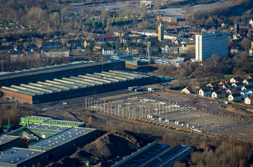 Aerial photograph Bochum - Building site to the new building of hall new buildings in Windhausstrasse to the east of the Reinhold Mendritzki Kaltwalzwerk GmbH & Co. KG in the district of Weitmar in Bochum in the federal state North Rhine-Westphalia