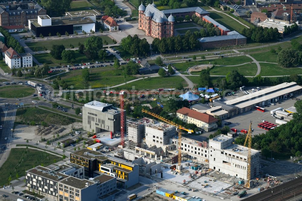 Karlsruhe from above - Construction site for the new building of a new central fire station on Zimmerstrasse in Karlsruhe in the state Baden-Wuerttemberg, Germany