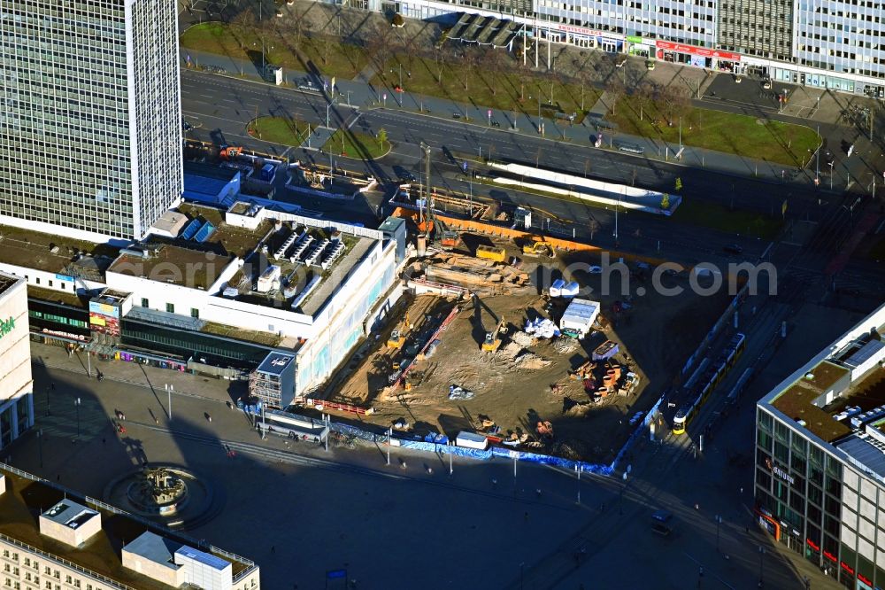 Berlin from the bird's eye view: Construction site for new high-rise building complex on Alexanderplatz in the district Mitte in Berlin, Germany