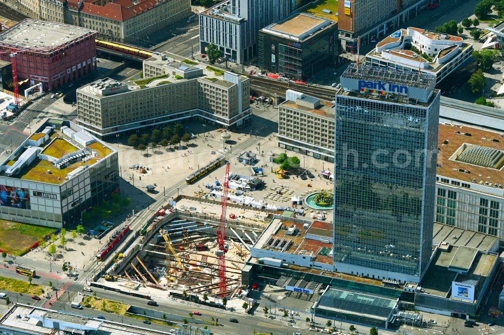 Berlin from above - Construction site for the new construction of the high-rise building complex ALX (also called twin towers) of the twin towers at Alexanderplatz on Alexanderstrasse in the Mitte district in Berlin, Germany