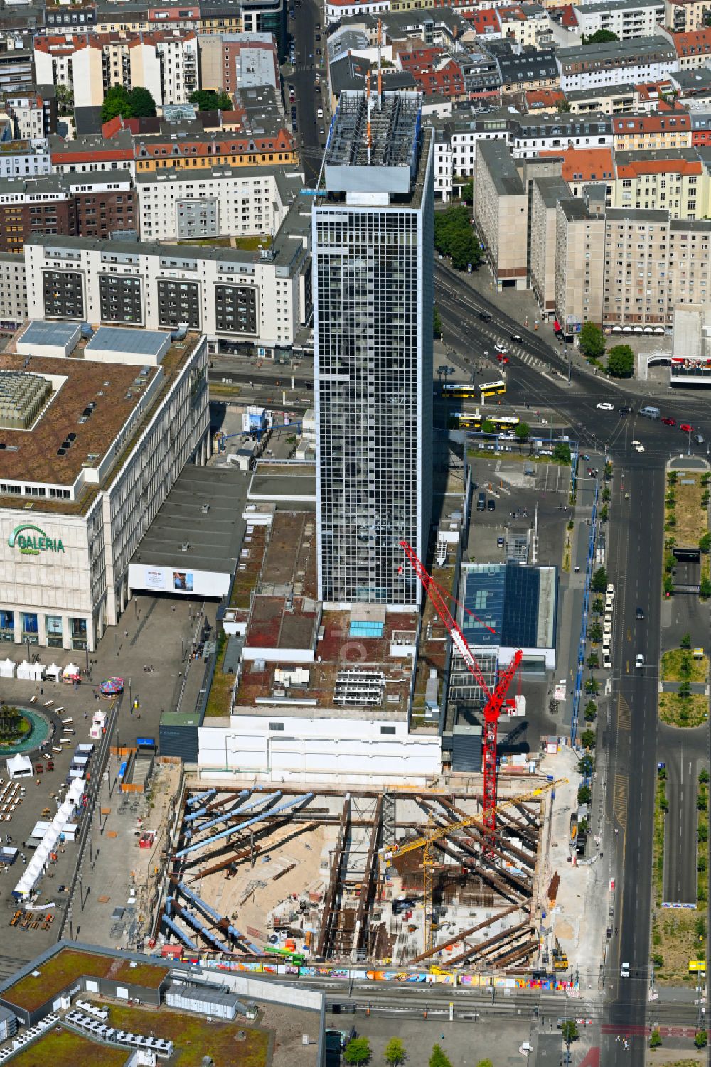 Aerial image Berlin - Construction site for the new construction of the high-rise building complex ALX (also called twin towers) of the twin towers at Alexanderplatz on Alexanderstrasse in the Mitte district in Berlin, Germany