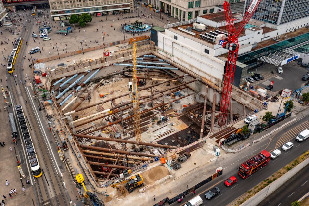 Aerial image Berlin - Construction site for the new construction of the high-rise building complex ALX (also called twin towers) of the twin towers at Alexanderplatz on Alexanderstrasse in the Mitte district in Berlin, Germany