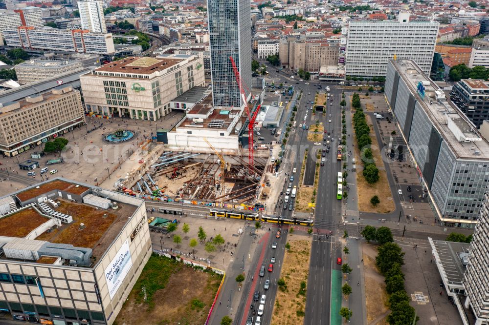 Berlin from above - Construction site for the new construction of the high-rise building complex ALX (also called twin towers) of the twin towers at Alexanderplatz on Alexanderstrasse in the Mitte district in Berlin, Germany