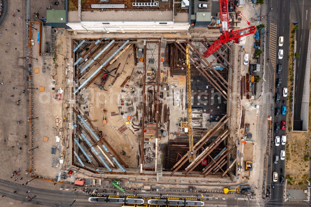 Berlin from the bird's eye view: Construction site for the new construction of the high-rise building complex ALX (also called twin towers) of the twin towers at Alexanderplatz on Alexanderstrasse in the Mitte district in Berlin, Germany