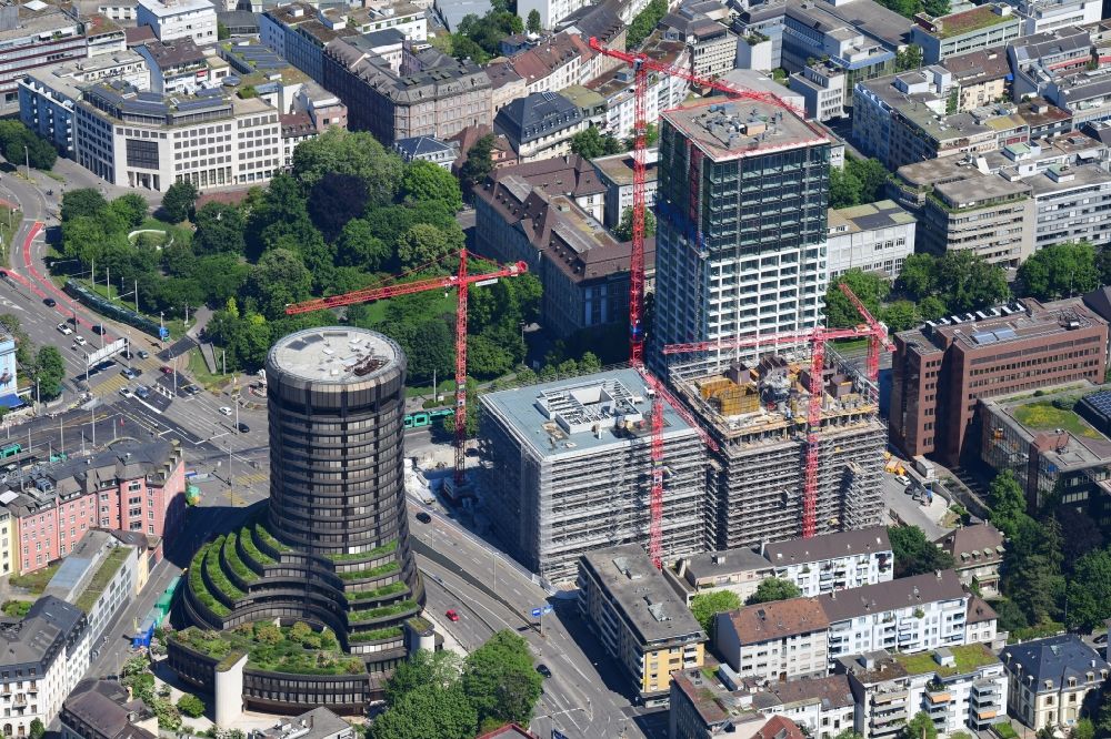 Basel from above - Construction site for new high-rise building Baloise and the BIC Tower ( Bank for International Settlements ) in Basle, Switzerland